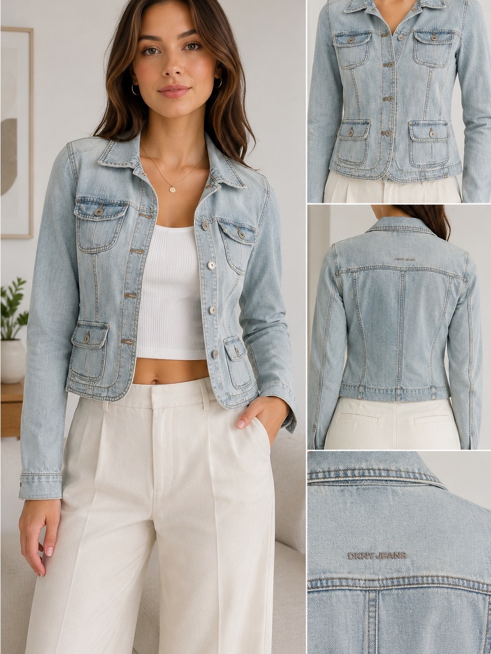 DKNY Jeans Light Wash Cropped Denim Jacket 4 Pocket 100% Cotton M